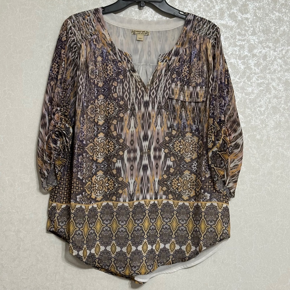 Energe Rhinestone Embellished Medallion Ikat Print Lined Blouse Boho Brown XL